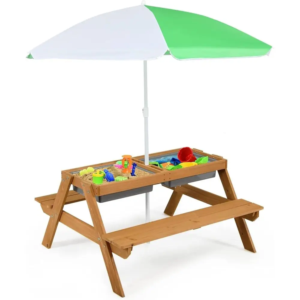 Kids Outdoor Furniture Set - โต๊ะปิกนิกไม้ 4-in-1 สำหรับเล่นทรายและน้ำ พร้อมกล่องถอดได้และร่มสำหรับเด็ก ชุดเฟอร์นิเจอร์สำหรับสวนหลังบ้านกลางแจ้ง