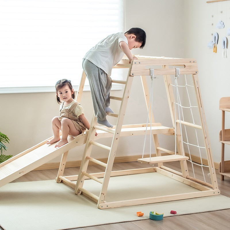 Kids Outdoor Climbing Frame - ชุดเครื่องเล่นสนามเด็กเล่นกลางแจ้งสำหรับเด็กเล็ก ชุดฝึกพัฒนาการทางประสาทสัมผัส โครงปีนป่าย พร้อมสไลเดอร์ในร่ม ชิงช้า และห่วง