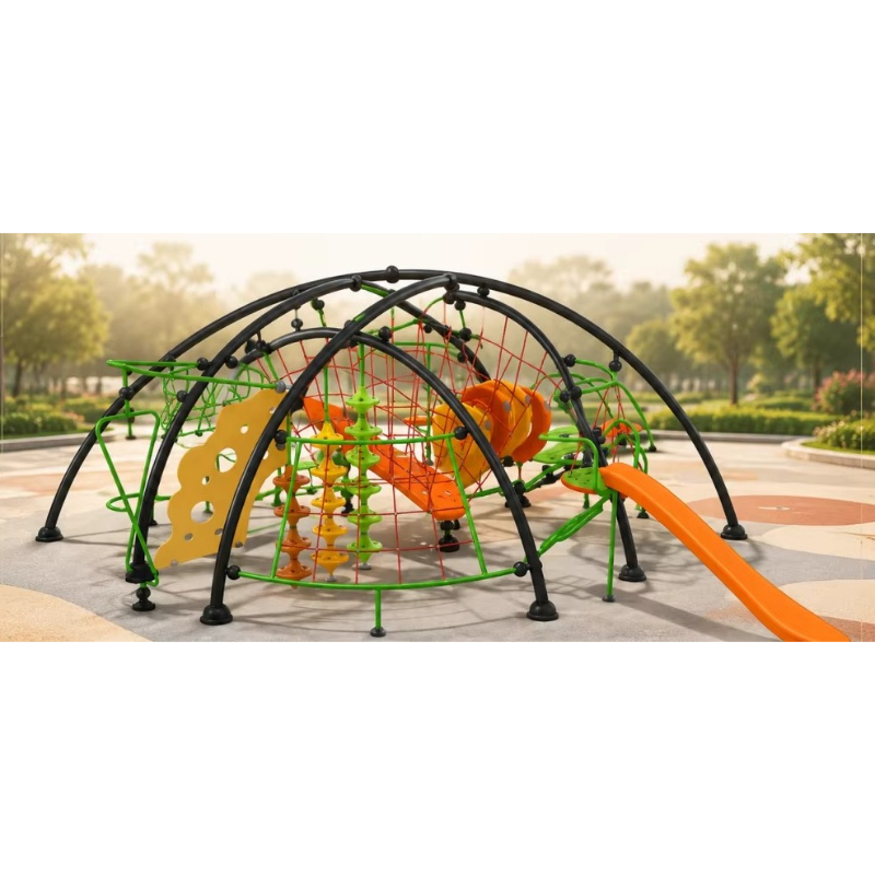 Kids Outdoor Climbing Frame - โครงสร้างปีนป่าย, โดมเชือกกลางแจ้ง, โครงสร้างสนามเด็กเล่น, อุโมงค์ตาข่าย, โครงสร้างโค้ง, สไลเดอร์สีส้ม,