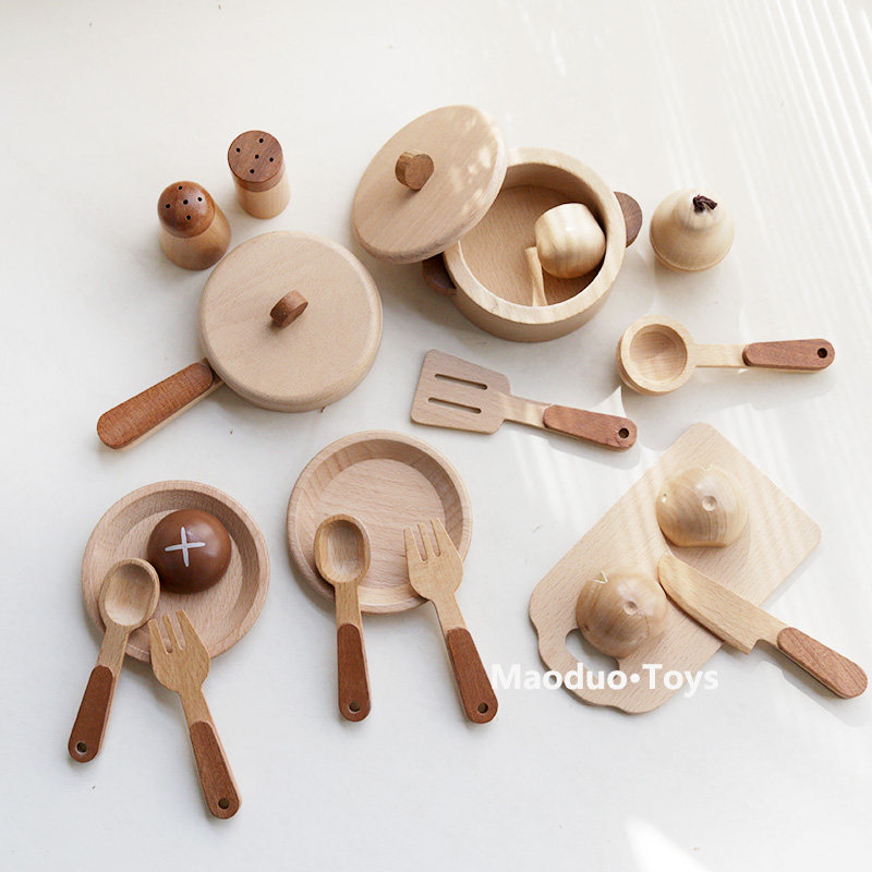 Kids Outdoor Kitchen Accessories - ชุดครัวไม้บีชสำหรับเด็กของเล่น Maoduo พร้อมอุปกรณ์ทำครัว หม้อ ชุดของเล่นทำอาหารเสมือนจริง ชุดหั่นอาหาร