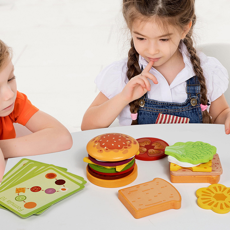 Kids Outdoor Kitchen Accessories - ของเล่นไม้ใหม่สำหรับเด็ก ชุดแซนด์วิชฮัมบูร์กแบบซ้อนกัน ของเล่นเสริมพัฒนาการสำหรับเด็กก่อนวัยเรียนตามแนวทางมอนเตสซอรี่ ของเล่นฝึกทักษะการเคลื่อนไหวละเอียด ของเล่นครัว