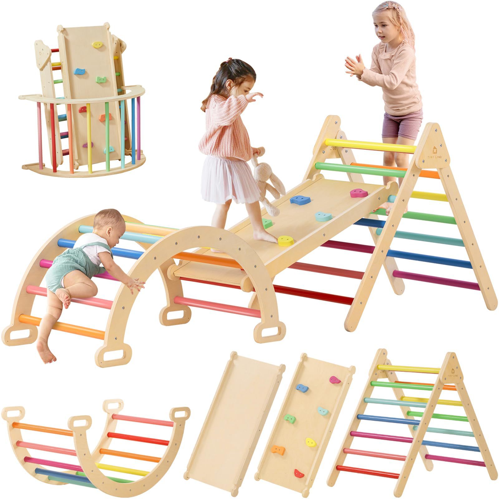 Kids Outdoor Climbing Frame - โครงไม้เนื้อแข็งอเนกประสงค์สำหรับเด็ก ฝึกกีฬาเสริมพัฒนาการ ฝึกทักษะการเรียนรู้ ชุดเล่นปีนป่ายและสไลเดอร์แบบ 2-in-1